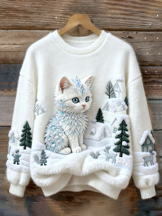 Elegant White Winter Cat Sweater