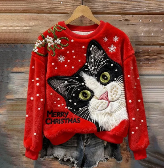 Red Cozy Cat Christmas Sweater