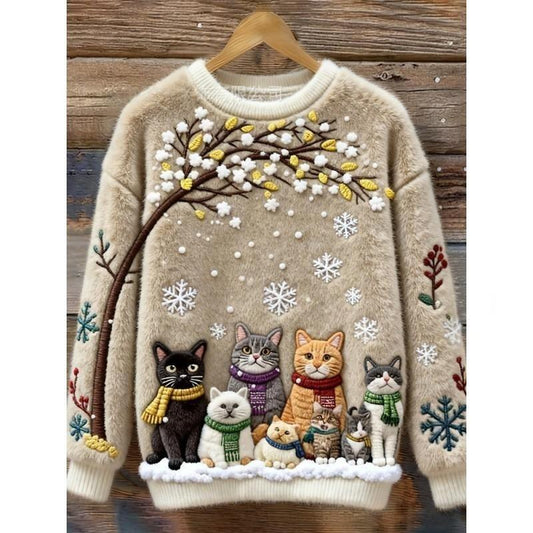 Beige Fuzzy Holiday Cat Sweater