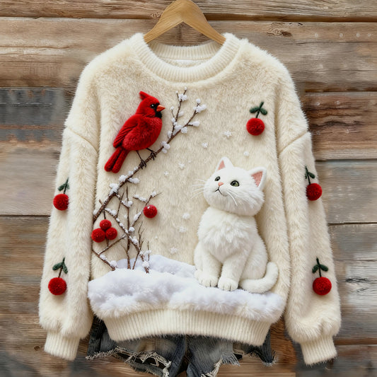 Cream Sweater with Cat Design