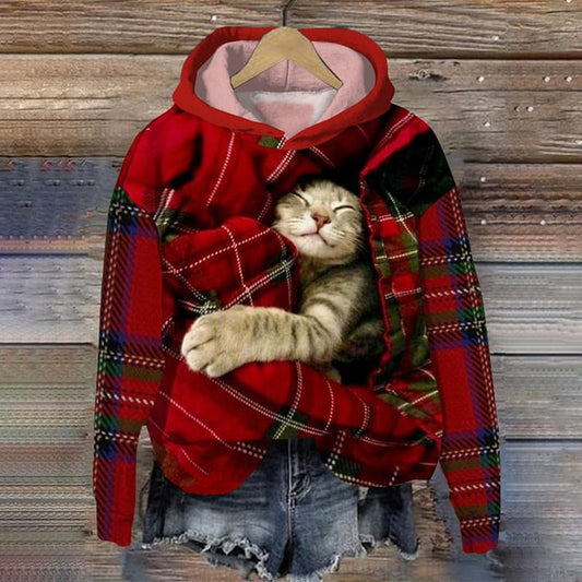 Cozy Red Plaid Hoodie with Sleeping Cat Design